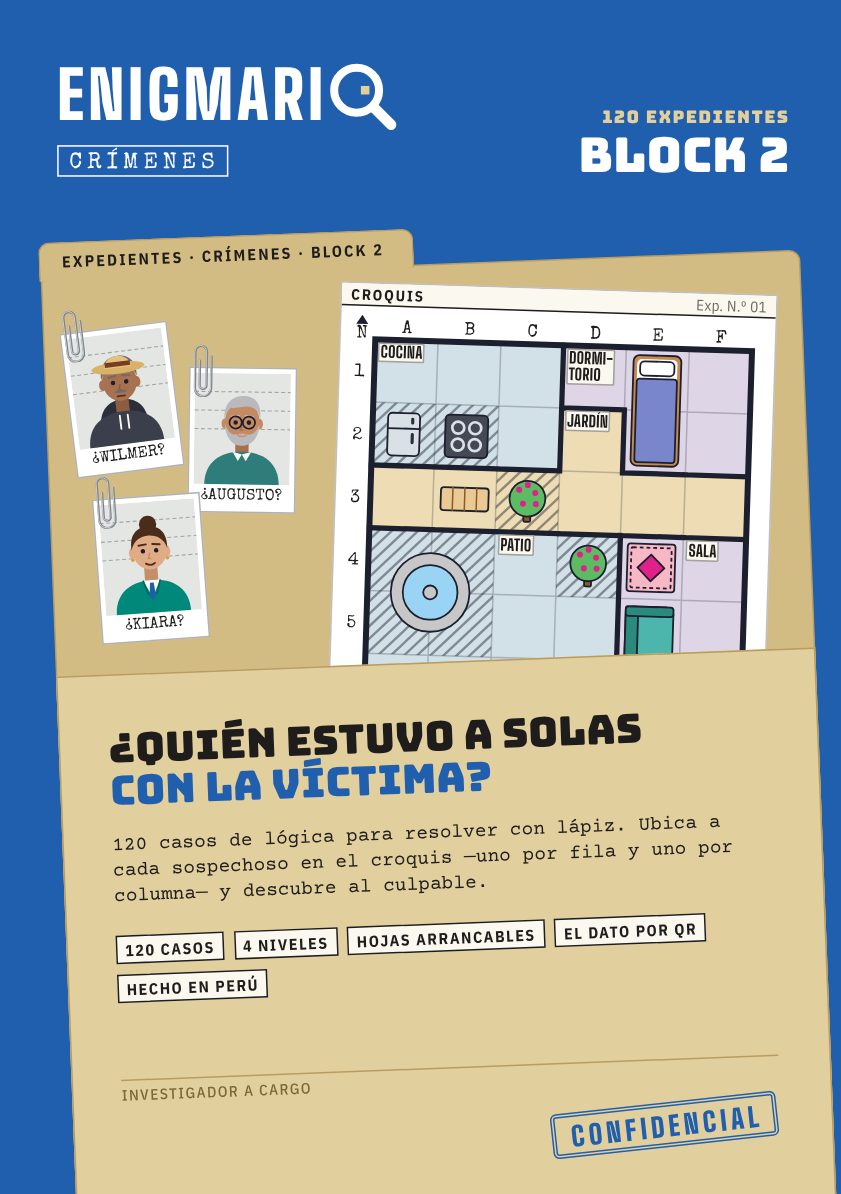 Tapa del Block 2: una carpeta de expedientes sobre fondo azul, con el croquis del caso 1, tres fotos de sospechosos y el titular «¿Quién estuvo a solas con la víctima?»