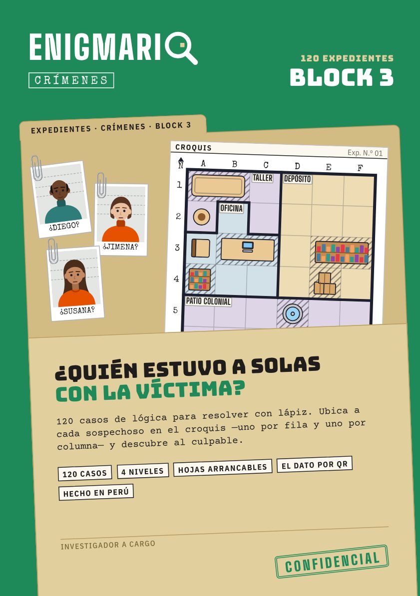 Tapa del Block 3: una carpeta de expedientes sobre fondo verde, con el croquis del caso 1, tres fotos de sospechosos y el titular «¿Quién estuvo a solas con la víctima?»